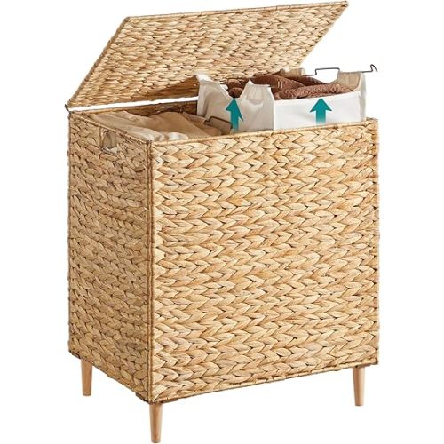 SONGMICS Laundry Hamper 2 Sections, 34.3 Gal. (130 L) Handwoven Water Hyacinth Wicker Laundry Basket with Lid, Natural Material, Removable Machine Washable Liners, Handles, Natural ULCB202Y01