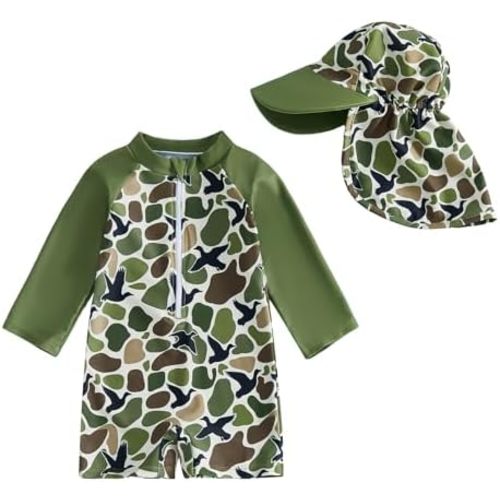 Infant Baby Boy Swimsuit Toddler Boy Rash Guard Baby One Piece Zipper Swimwear Sunsuit Bathing Suit Beachwear Hat