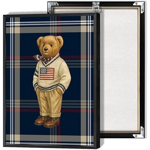 Retro Teddy Bear Poster Gentleman Bear in a Sweater Canvas Wall Art Minimalist Abstract Animal Tartan Magazine Prints Painting For Living Room Apartment Nursery Wall Decor 12x16in Wrapped Canvas