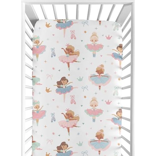 Sweet Jojo Designs Fitted Baby Crib Sheets (Ballerina and Bows) for Girls, Infant Nursery, Toddler Bed Room - Standard Size Mattress (Ballet Shoes, Dancer, Hearts, Stars, Crowns, Princess, Tutu)