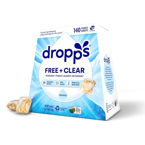 Dropps Free + Clear Biobased Power Laundry Detergent Pods, Unscented (140 Count) - HE Compatible Laundry Pods for Fresh Clothes - Laundry Soap Supplies & Recyclable Paperboard Packaging