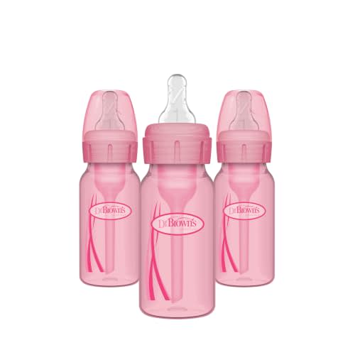 Dr. Brown's Anti-Colic Options+ Narrow Baby Bottles, Pink, 4 oz, 3-Pack | Clinically Proven to Reduce Colic, Bottles with Level 1 Slow Flow Nipple, 0m+, BPA-free