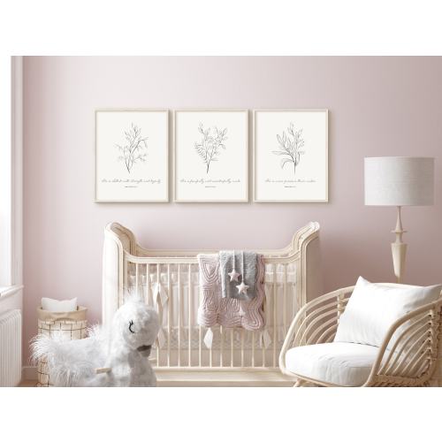 Set of 3 Botanical Nursery Prints: Christian Scripture, Baby Girl Decor