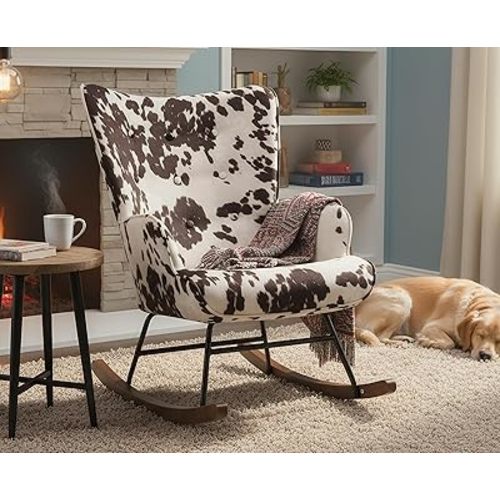 EALSON Nursery Rocking Chair Fabric Upholstered Rocker Chair Tufted Wingback Accent Chair with Wooden Base Modern Comfy Lounge Armchair for Bedroom Living Room, Cow