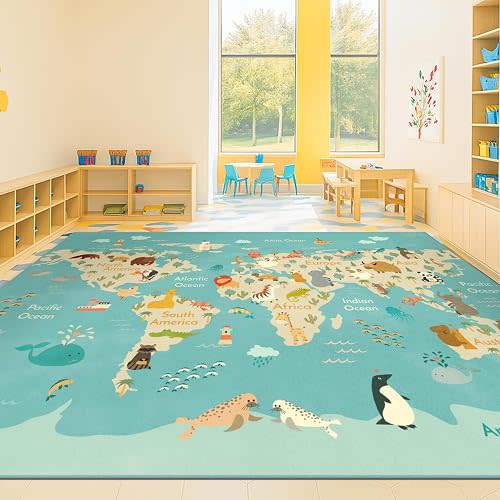 Large 8x10 Playroom Rugs - Kids Play Rug for Classroom Elementary, Bedroom, Living Room, Washable Soft Cute World Map Carpet with Ocean, Continents & Animals