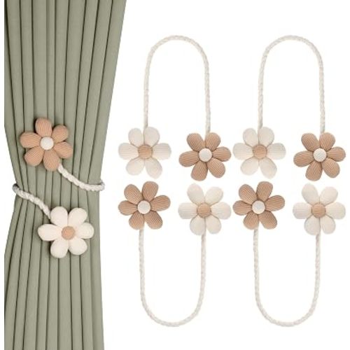Meplait 4 Pack Flower Curtain Tiebacks, Boho Curtain Holdbacks, Beige&Khaki