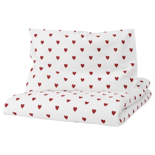 BARNDRÖM Duvet cover 1 pillowcase f crib - heart pattern/white red 43 1/4x49 1/4/13 3/4x21 5/8 "