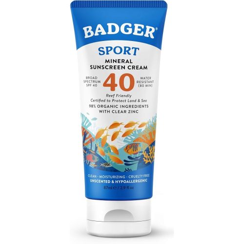 Badger Sport Mineral Sunscreen, Reef Safe, SPF 40, 98% Organic with Zinc Oxide, Water Resistant, Hawaii Reef Act 104 Compliant, Unscented & Hypoallergenic, For Sports & Adventures, 2.9 fl oz