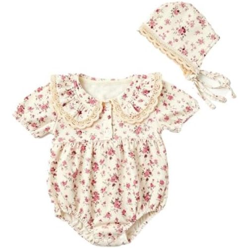 Baby Girl Floral Romper Lace Peter Pan Collar Bodysuit with Bonnet Newborn Cotton Jumpsuit One Piece Outfit