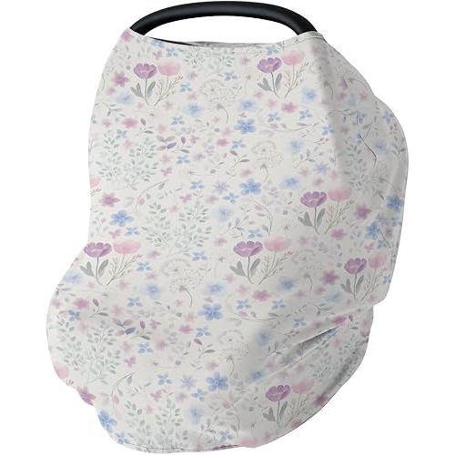 Whimsy Floral Watercolor Car Seat Cover for Baby Pink Purple Wildflowers Stretchy 5-in-1 Covers Adjustable Infant Carseat Cover Canopy Boho Colorful Garden Flowers Breathable Nursing Cover-Up