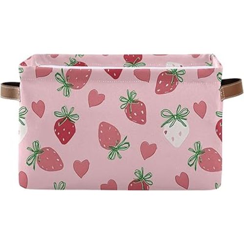 ALAZA Decorative Basket Rectangular Storage Bin, Strawberry Bow Heart Pattern Organizer Basket with Leather Handles for Home Office