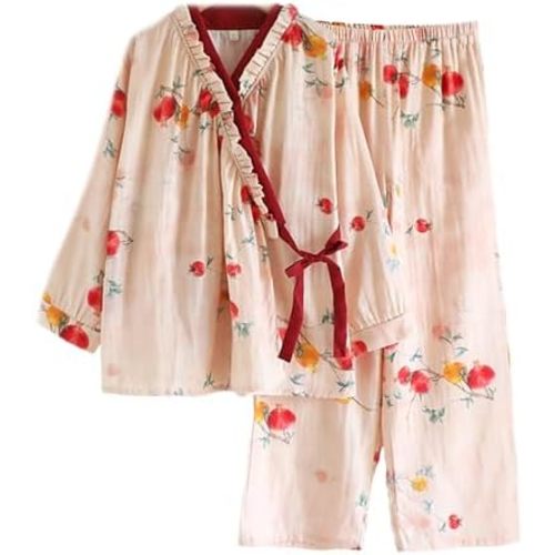 Womens Floral Cotton Pajama Set – Soft Sleepwear with Kimono Wrap Top & Elastic Waist Pants