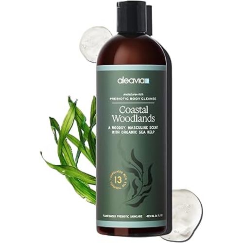 Aleavia Coastal Woodlands Mens Body Cleanse – Organic & All-Natural Prebiotic Body Wash for Men, Woodsy Notes Scented with 13 Essential Oils, – Nourish Your Skin Microbiome – 16 Oz.