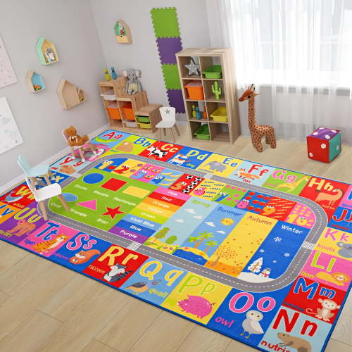 DERONA Kids Rug for Playroom Classroom,Abc Alphabet Numbers Play Toddlers Rugs,Learning Educational Bedroom Floor Mat,Washable Baby Carpet for Boys Room,Nursery,Preschool,Daycare 1X2Ft