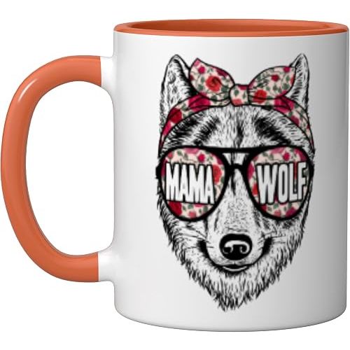 Wolf Mama Floral Cute Mom Wolf Mothers Day Mama Wolf Ceramic Mug, Orange/White