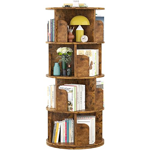 Aheaplus Rotating Bookshelf, Small Corner Bookshelf for Small Space, 360 Display 4 Tier Floor Standing Bookcase Storage Rack, Wood Narrow Book Shelf Organizer for Bedroom, Living Room, Rustic Brown