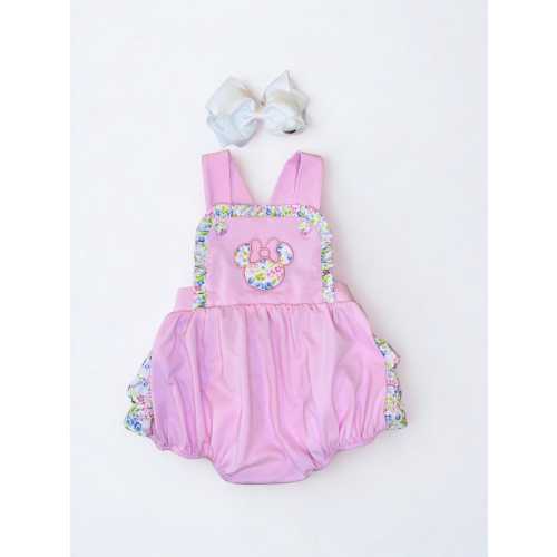 Pink Mouse Applique Bubble Romper, Floral Ruffle Cotton Sunsuit