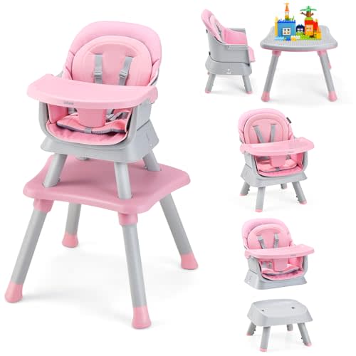 INFANS 8 in 1 Baby High Chair, Convertible Highchair for Babies and Toddlers, Infant Dining Booster Seat, Building Block Table, Kids Stool Table Chair Set with Removable Tray (Light Pink)