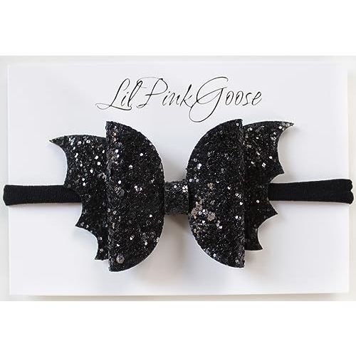 LilPinkGoose Halloween Black Glitter Bat Bow Headbands for Baby Girls and Toddlers (Black Nylon Band)