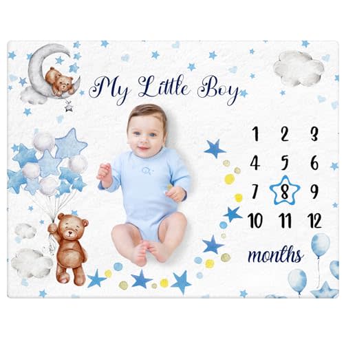 Mindsoft Sleeping Bear Monthly Baby Milestone Blanket Bear Star Balloon Flannel Blanket Boy Newborn Infant Swaddle Growth Baby Frame for Boys Girls Nursery (Blue)