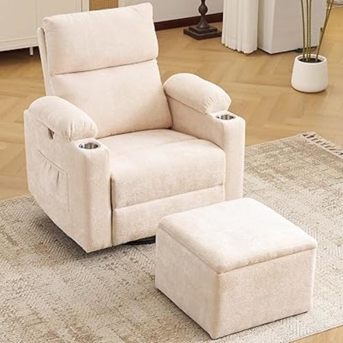 Rocking Chair Nursery with Adjustable Armrests, Electric Glider Recliner Nursing Chair for Breastfeeding with Ottoman, Power Swivel Recliner Chairs with Massage and Heat, Beige