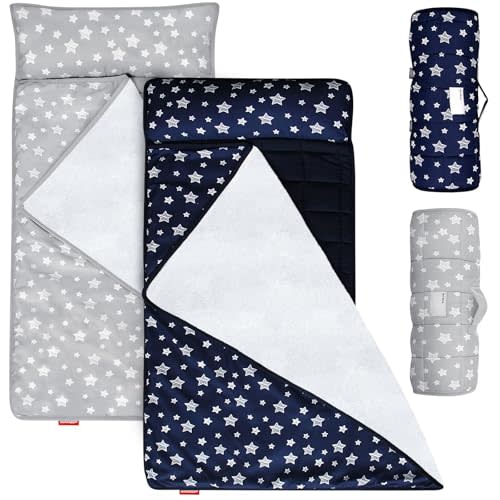 Toddler Nap Mat 2 Pack with Pillow, Gray and Navy | Nap Mat for Toddlers Preschool, Daycare and Fleece Minky Blanket, Lightweight, Soft