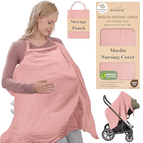 infancie Organic Cotton Nursing Cover - 43 x 28 Inch Breathable Muslin Breastfeeding Cover, Multi-Purpose for Women (Pink)