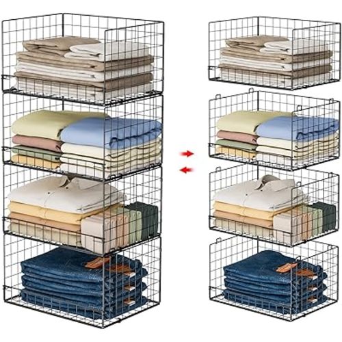 4-Tier Stackable Closet Organizers and Storage Shelves, Clothes Shelf Organizer Basket Bins, Foldable Sweater Storage for Closet Organizer System, Black (Patent Pending)