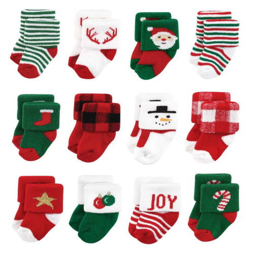 Hudson Baby Infant Boys Cotton Rich Newborn and Terry Socks, 12 Days Of Christmas Santa, 0-6 Months