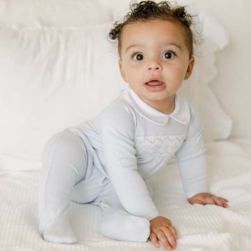 Essentials Solid Smocked Bubble - White Blue – Magnolia Baby