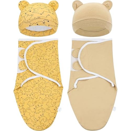 Cinaci 2 Pieces Adjustable Soft Cotton Baby Swaddle Sleep Sacks Hats Newborn Nursery Caps Beanies Bonnets Swaddle Blanket Wraps for Baby Girls Boys Infants Newborns (2PCS S8)