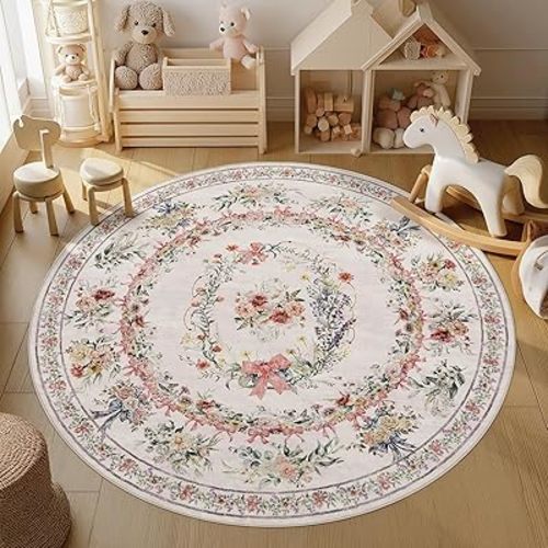Joydeco Boho Bow Floral Round Rugs 5FT, Washable Circle Area Rug for Bedroom Nursery Playroom, Light Pink Non Slip Circular Throw Carpet for Girls Kids Room Dorm Classroom Classroom