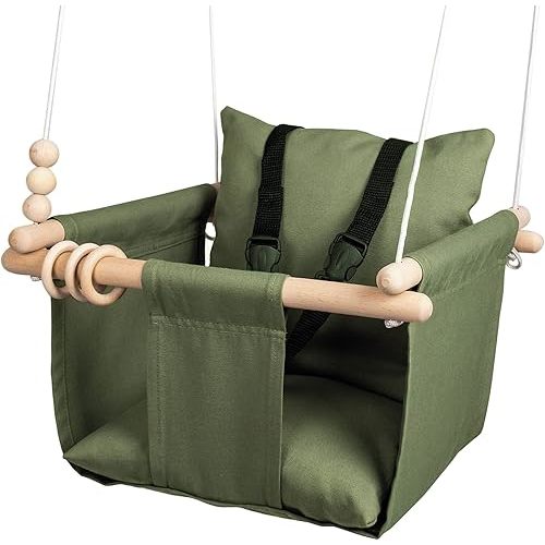 Indoor Outdoor Baby Swing with 3-Point Harness and Hardware for Ceiling, Porch, Doorway, Canvas Baby Swing Outdoor Toddler Swing Seat Green