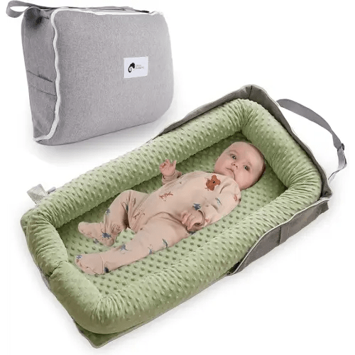 Joyful Journeys Baby Lounger Diaper Bag - Portable Baby Lounger Nest | Versatile Infant Lounger Bag & Diaper Organizer | Cozy Baby Lounger Nest for Convenience | Baby Shower Gifts (Green Minky)