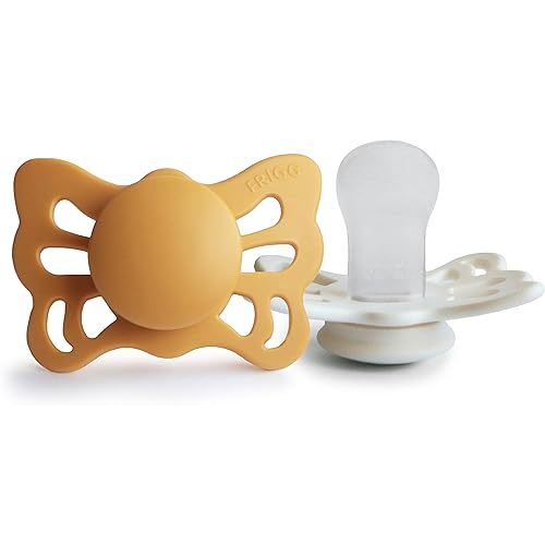 FRIGG Butterfly Anatomical SilkySoft Silicone Baby Pacifier | Made in Denmark | BPA-Free (Honey Gold/Cream, 0-6 Months)