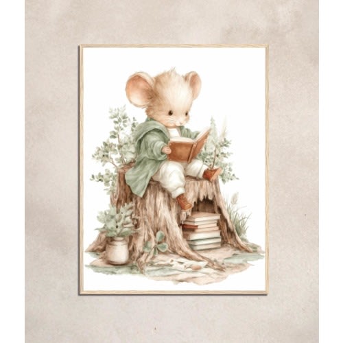 Mouse Reading Art Print, Woodland Nursery Wall Art, Cozy Storybook Illustration