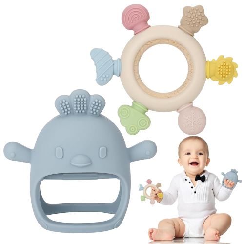 Socub 2 Pack Baby Teething Toys for Babies 0-6 Months, Silicone Teething Mitten and Wooden Ring Toy for Babies 6-12 Months, No Drop Teether Mitten and Ring Teether for Teething Relief(Dusty Blue)