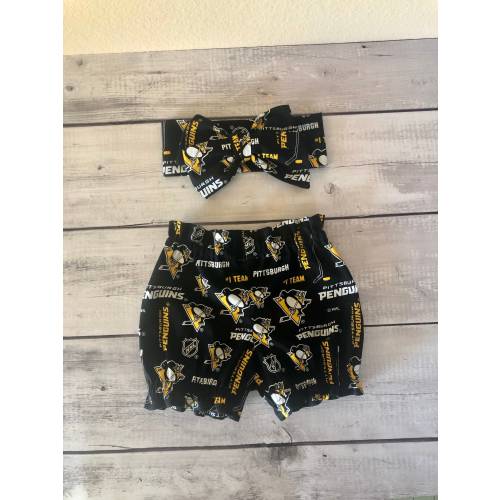 Pittsburgh Penguins Hockey Inspired Headwrap Bloomer Bloomers Shorts Little Baby Girl Toddler Big Bow Infant Headwraps Bows Bummies