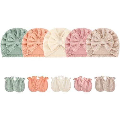 Newborn Baby Hats and Mittens Set Infant Bow Beanie Cap Toddler Gloves Newborn Hospital Hats for Baby Boy Girl 0-6 Months