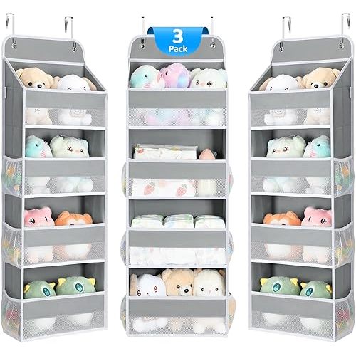 Yecaye 3 Pack Over the Door Organizer, 35.2lbs Load Toy Stuffed Animal Storage, Swing-proof Hanging Bathroom Organizers and Storage for Nursery Newborn Baby Essential Stuff Dorm Room Essentials Grey