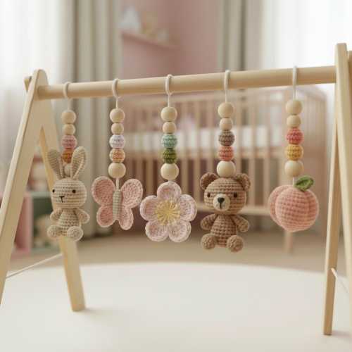 Handmade Custom Peach Garden Baby Play Gym, Crochet Cute Animal Toys, Wooden Montessori Baby Gym, Fresh Nursery Decor, Baby Shower Gift