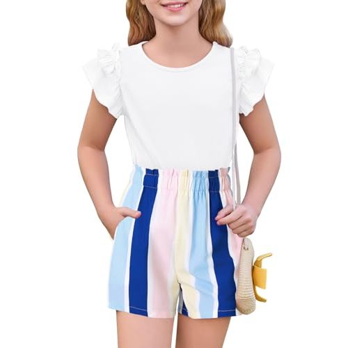 Haloumoning Girls 2 Piece Summer Outfits Clothes Ruffle Short Sleeve Shirts and High Waist Paper Bag Shorts Sets with Pockets