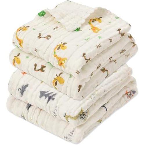Muslin Baby Blanket 6-Layer 43"x43", 2-Pack White Animal Set