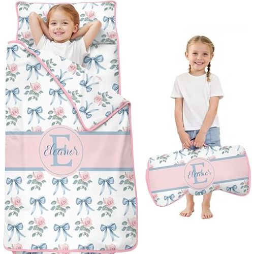 Personalized Toddler Nap Mat with Name for Preschool Daycare, Customized Bow Kids Sleeping Bag for Girls, Bowknot Toddlers Sleeping Mat with Removable Pillow and Blanke, Kid Roll Up Mat