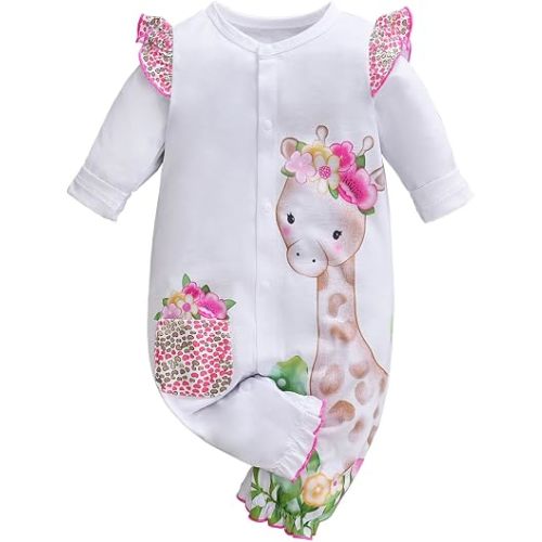 Cute Zebra Giraffe With Floral Print Long Sleeve Baby Girl Clothes White Jumpsuit For Baby One-Piece Romper