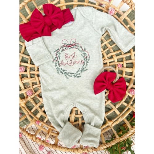 Newborn First Christmas green footie and hat set, custom baby outfit, baby shower gift for boy, red baby hat, oatmeal