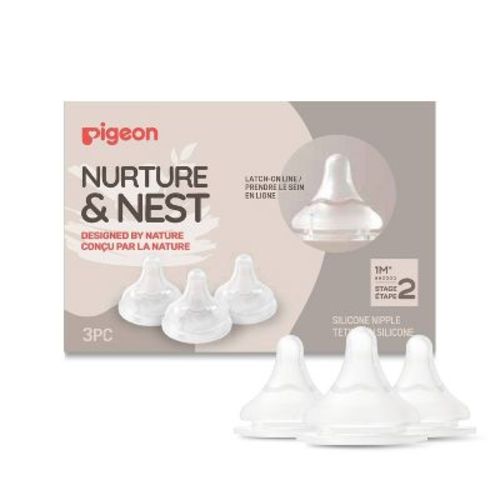Pigeon Nurture & Nest Anti-colic Silicone Bottle Nipples with Latch-On Line - Level 2 - Slow Flow - 3pk
