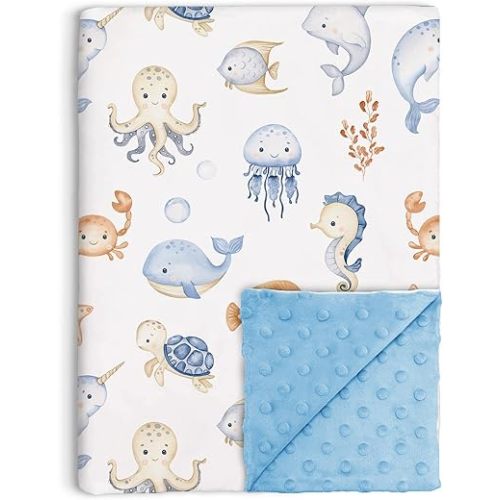 Under The Sea Baby Blankets Neutral for Boys Girls, Ocean Animals Toddler Soft Minky Blanket with Double Layer Dotted Backing, Nursery Newborn Baby Crib Receiving Blanket Sea Characters, 30"x40"