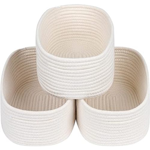 CubesLand Off White Small Storage Baskets for Shelves, Closet Organization Storage Bins Empty Gift Basket Baby Nursery Woven Baskets for Organizing, Rectangular Clothes Closet Shelves Baskets 3 Packs