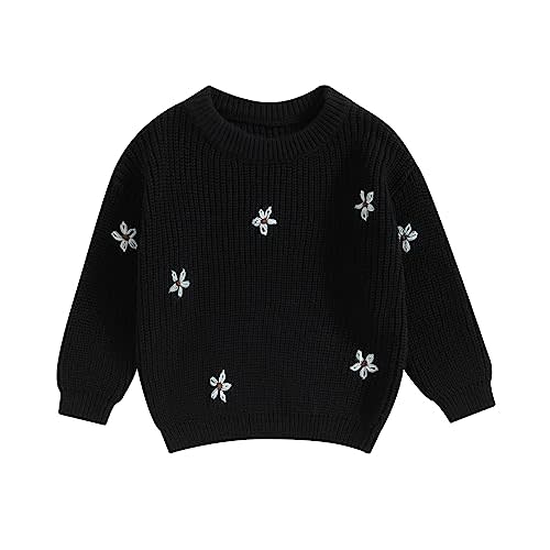 Baby Girl Cable Knit Sweater Long Sleeve Boho Floral Embroidery Oversized Sweatshirt Warm Fall Winter Clothes